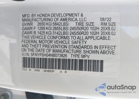 2022 Honda Pilot Awd Elite из США, поврежденный, VIN 5FNYF6H04NB073826